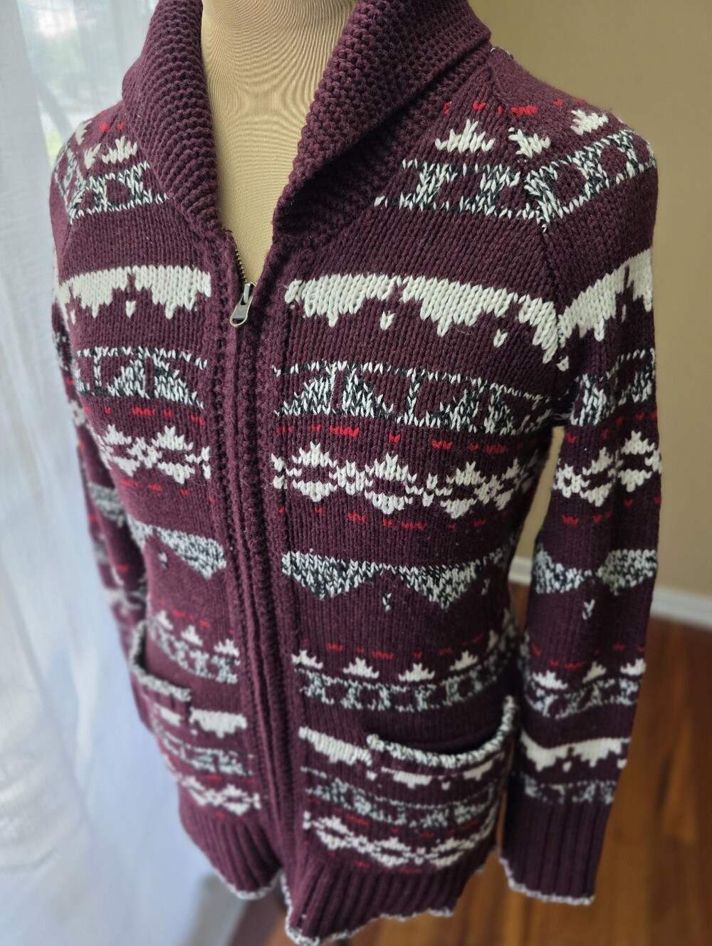 Eddie Bauer Wool Blend Fair Isle Cardigan L Burgundy Nordic Scandi Full Zip - Picture 3 of 13